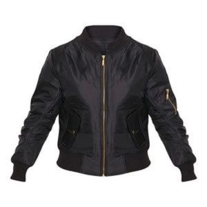 Pretty Little Things Black Satiny Bomber jacket w/gold Zips sz Small NWOT